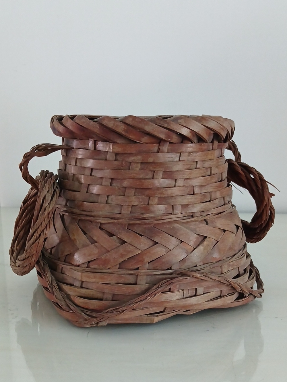 Antique Vintage 1920s Rustic Woven Wicker Split Bamboo Basket w/ Looped Handles